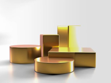 Beyaz arka planda farklı yüksekliklerde boş altın podyum. Pazarlama ve reklam. 3d oluşturma 