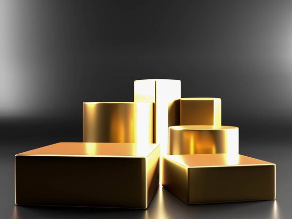 Gold empty product showcase podiums of different heights over black background. marketing and advertising. 3d rendering 