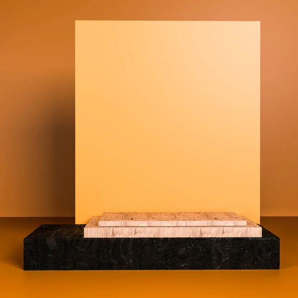 Arkaplan podyumu turuncu siyah soyut minimalist geometri, asgari geometrik şekiller iç mekan, nesne yerleştirme, soyut arkaplan odası, 3d görüntüleme 3d