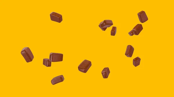 Choklad Flyter Flytande Gul Isolerad Bakgrund Frys Rörelse Flygande Grupp — Stockfoto