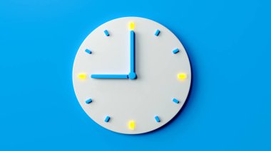 Pastel mavi arka planda zaman analogu beyaz, arka planda ışıklandırılmış saat iğnesi için modern minimal tarz, saat 9 yönünde saat 9 yönünde ve 0 dakikalık broşür, poster ya da web sitesi. 3d görüntüleme 3d