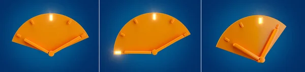 時計時間3Dスライスされたオレンジバックライト時間アクリル針のセットパステルカラーの青の背景 最小限の創造的な概念 3Dレンダリング3Dイラスト — ストック写真