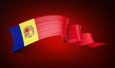 Andorra 'nın Bayrağı Kıvrımlı Sallanan Kurdele Kırmızı Arkaplanda 3D Görüntü