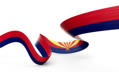 Arizona bayrak renklerinde 3 boyutlu dalgalı kurdele, ulusal gurur ve zarafetle akıyor. 3B Görüntü