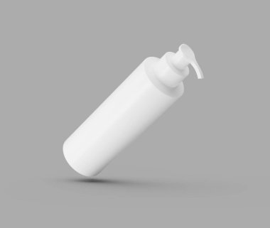Gri arka planda temiz beyaz kozmetik pompa şişesi. Ürün modelleri için ideal. 3d illüstrasyon
