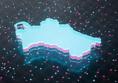 Türkmenistan 'ın parlayan açık mavi ve pembe katmanlı dijital haritası. Konsept 3d İllüstrasyon
