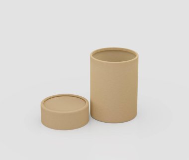 Sürdürülebilir ambalaj için izole edilmiş kapaklı çevre dostu kahverengi kraft kağıt kavanozu. 3d illüstrasyon