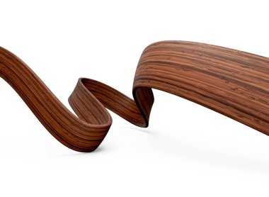 Doğal zarafet için akıcı ceviz ağacı ahşap kurdele soyut tasarımı. 3B illüstrasyon