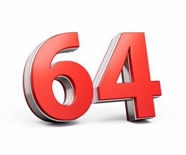 Bold Vibrant Red Number Sixty four Number 64 With Metallic On White Background 3D Illustration
