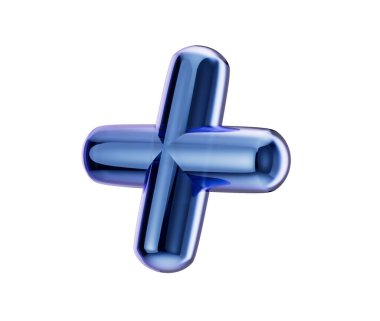 Pürüzsüz, yansıtıcı metalik yüzeyi ve yuvarlak kenarları olan 3D mavi artı sembol. 3d illüstrasyon