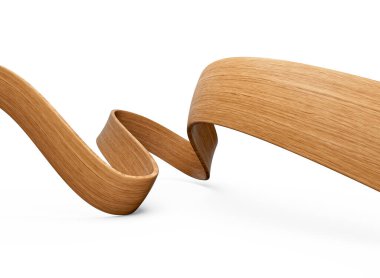 Elegant oak wood ribbon, abstract flowing design on clean white background. 3D illustration
