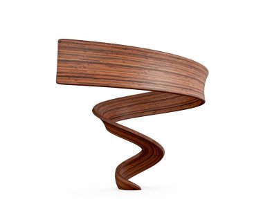 Abstract flowing wooden ribbon with elegant walnut texture on white background. 3D illustration