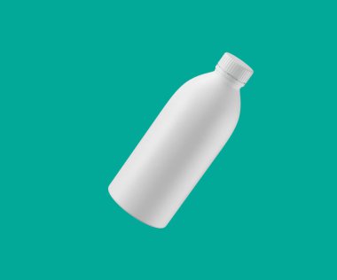 Blank white syrup bottle mockup for product branding isolated on teal, 3d illustration