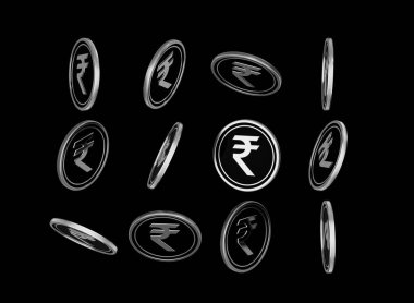 Gümüş ve Siyah Düşen Hint Rupisi Siyah Arkaplanda İzole edilmiş 3D İllüstrasyon