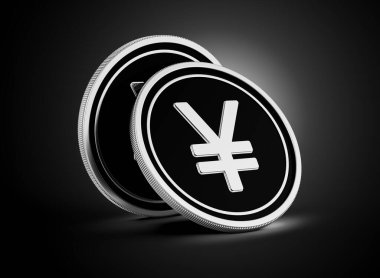 İki Gümüş ve Siyah Yuvarlak Japon Yen Parlak Gümüş Parlak Arka plan 3D Görüntü