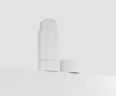 Deodorant çubuğunda kapağı açık beyaz rulo. Kişisel bakım ürünü. 3d illüstrasyon