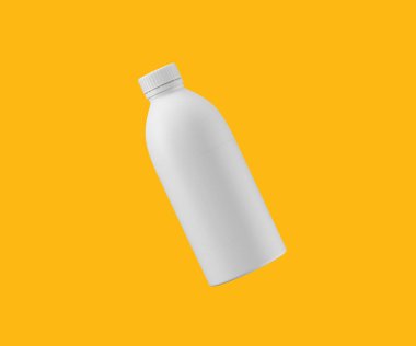 Beyaz markasız şurup şişesi canlı sarı bir zemin üzerinde yüzüyor, temiz, 3 boyutlu illüstrasyon.