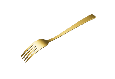 Parlak altın kaplama çatal, yansıtıcı bir kaplama ve hafif kıvrımlı bir sapı var. 3B Görüntü