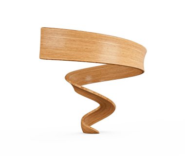 Zarif meşe ağacından bir kurdele, beyaz arka planda soyut bir 3D tasarım. 3B illüstrasyon