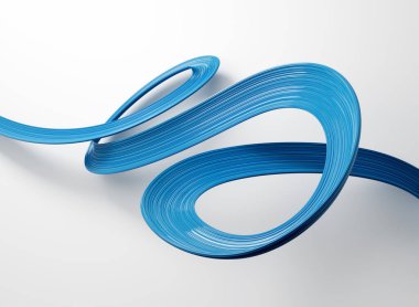 Dinamik soyut mavi kurdele tasarımı, beyaz arka planda zarif kıvrımlar. 3B illüstrasyon