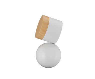 Küre üzerinde dengelenmiş ahşap kapaklı zarif krem kavanozu, temiz kozmetik ürünü..