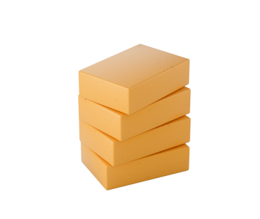 Dört adet üst üste dizilmiş sarı sabun, temizlik ve bakım..