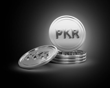 3D Yığın Gümüş Pakistanlı Rupi PKR Bozukluklar Yuvarlak Bozuk Paralar Koyu Arkaplan 3D Görüntü