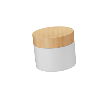 Tahta kapaklı zarif beyaz krema kavanozu, cilt bakımı modeli..