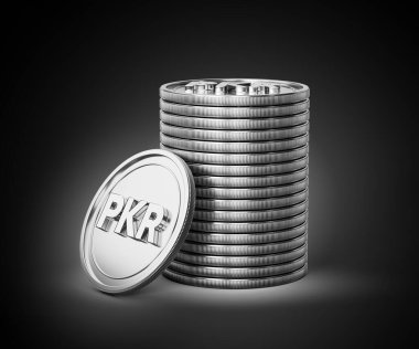 3D Yığın Gümüş Pakistanlı Rupi PKR Bozukluklar Yuvarlak Bozuk Paralar Koyu Arkaplan 3D Görüntü