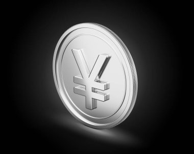 3D Gümüş Parlak Japon Sikkesi Koyu Arkaplan 3D Görüntü Üzerine İzole Edildi