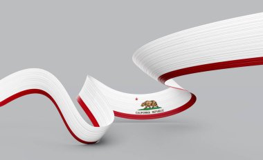 Stylized California state flag ribbon flowing on a clean gray background. 3d illustration