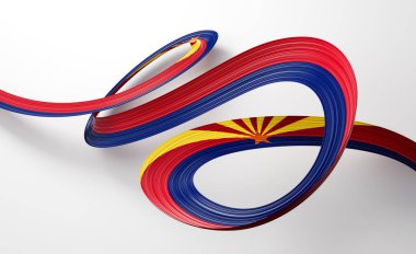 Arizona bayrak renklerinde 3 boyutlu dalgalı kurdele, ulusal gurur ve zarafetle akıyor. 3B Görüntü