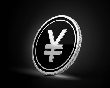 Shiny Silver And Black Rounded Japanese Yen Coin Isolated On dark Background 3d Illustration