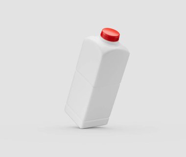 Minimalist bir arka planda kırmızı başlıklı boş beyaz plastik süt şişesi. 3d illüstrasyon