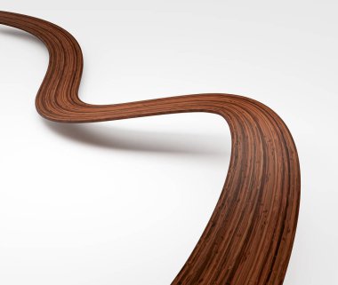 Beyaz üzerine ceviz ağacından yapılmış zarif bir kurdele. Soyut tasarım. 3B illüstrasyon