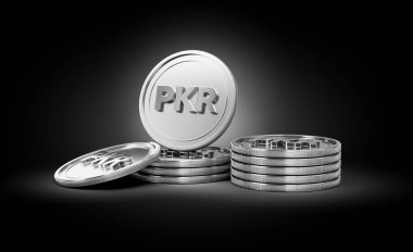 3D Yığın Gümüş Pakistanlı Rupi PKR Bozukluklar Yuvarlak Bozuk Paralar Koyu Arkaplan 3D Görüntü