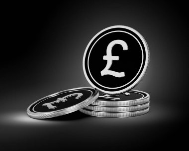Gümüş ve Siyah İngiliz Pound Sikkeleri Yığını Parlak Gümüş Parlak Arkaplan 3D Görüntü