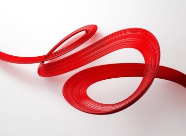 Minimalist beyaz zemin üzerinde pürüzsüz kıvrımları olan canlı kırmızı soyut kurdele. 3B illüstrasyon