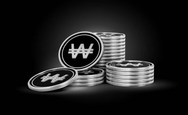 Gümüş Yığını ve Siyah Kore Won Bozuklukları Parlak Gümüş Parlak Arkaplan 3D Görüntü