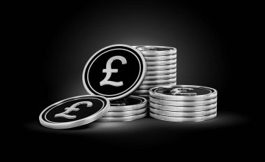 Gümüş ve Siyah İngiliz Pound Sikkeleri Yığını Parlak Gümüş Parlak Arkaplan 3D Görüntü
