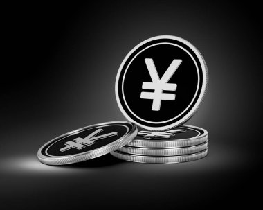 Parlak Gümüş ve Siyah Japon Yen Bozuklukları Yuvarlak Bozukluklar Siyah Arkaplan 3D İllüstrasyon