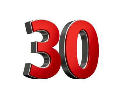 Kalın Kırmızı Numara 30 Parlak Metalik Beyaz Arkaplan 3D Görüntü