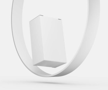 Soyut beyaz döngü dizaynı içinde yüzen minimalist beyaz kutu ambalajlama, 3D illüstrasyon