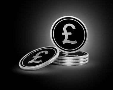 Gümüş ve Siyah İngiliz Pound Sikkeleri Yığını Parlak Gümüş Parlak Arkaplan 3D Görüntü