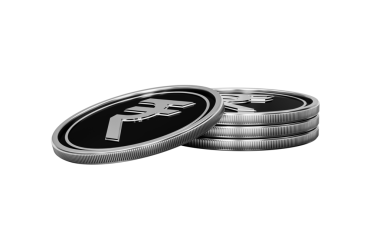 Üç boyutlu gümüş Hint Rupileri istiflenmiş. Maliye, ekonomi, zenginlik.