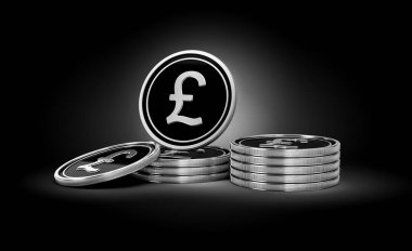 Parlak Gümüş ve Siyah İngiliz Pound Sikkeleri Yuvarlak Bozuk Paralar Siyah Arkaplan 3D İllüstrasyon