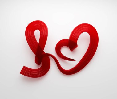 Zarif kırmızı kurdele sanat eseri temiz beyaz arka planda modern bir kalp yaratıyor. 3B illüstrasyon