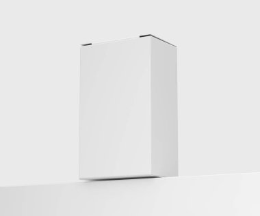 Minimalist geçmişe sahip boş beyaz ürün paketleme kutusu. Perakende konsepti, 3d illüstrasyon