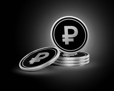 Gümüş Yığını ve siyah Rus Rublesi Parlak Gümüş Parlak Arkaplan 3D Görüntü