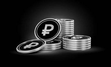 Gümüş Yığını ve siyah Rus Rublesi Parlak Gümüş Parlak Arkaplan 3D Görüntü